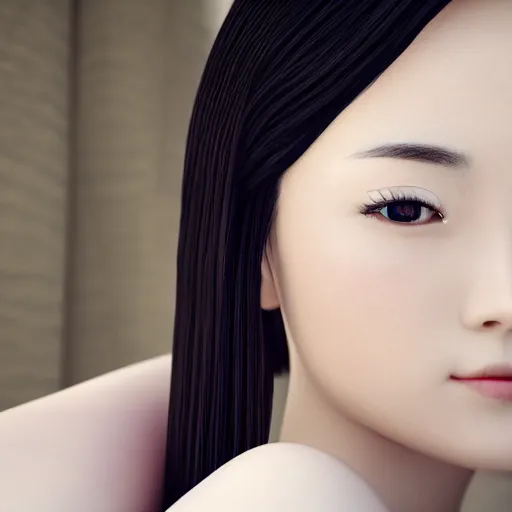 Image similar to photo portrait of beautiful Japanese women with perfect eyes and simetrical face, she have delicate traditional make up, cinematic light, 8k, unreal engine, akira kurosawa style