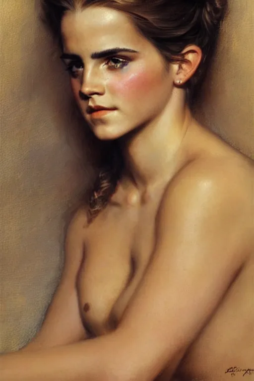 Image similar to detailed portrait of a beautiful emma watson 1 9 7 0 s hairstyle muscular, painting by gaston bussiere, craig mullins, j. c. leyendecker