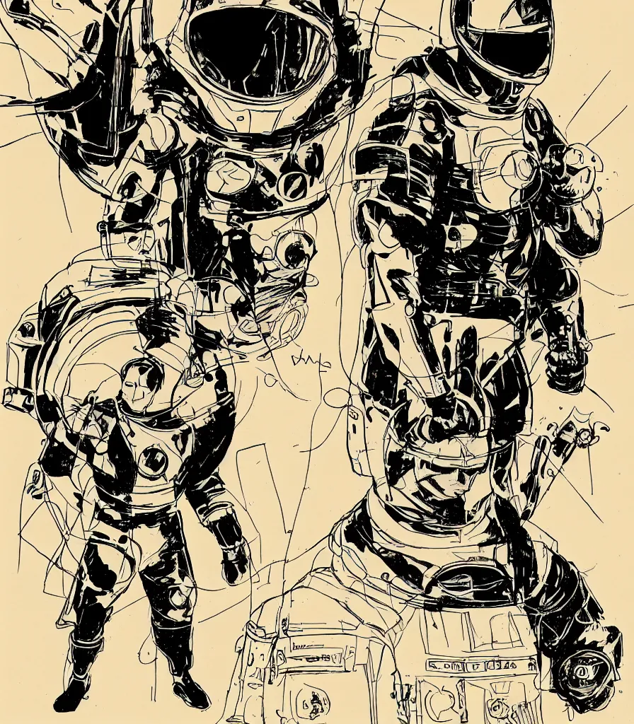 Image similar to male, heroic figure, space suit with a modern helmet, character sheet, science fiction, sketch, very stylized, digital art, illustration on kraft paper, shaded pen and ink, digital painting, by mike mignola, by alex maleev