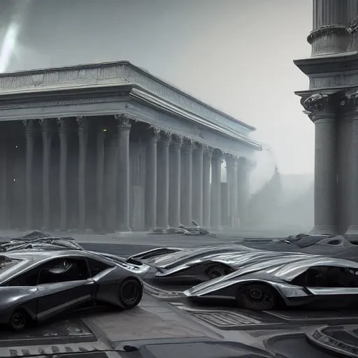 Image similar to full lenght sci-fi cars in the coronation of napoleon painting by Jacques-Louis David in the blade runner 2049 film and point cloud in the middle and everything in form of zaha hadid architects artwork by caravaggio unreal engine 5 keyshot octane lighting ultra high detail ultra hyper realism 8k 16k in plastic dark tilt shift full-length view