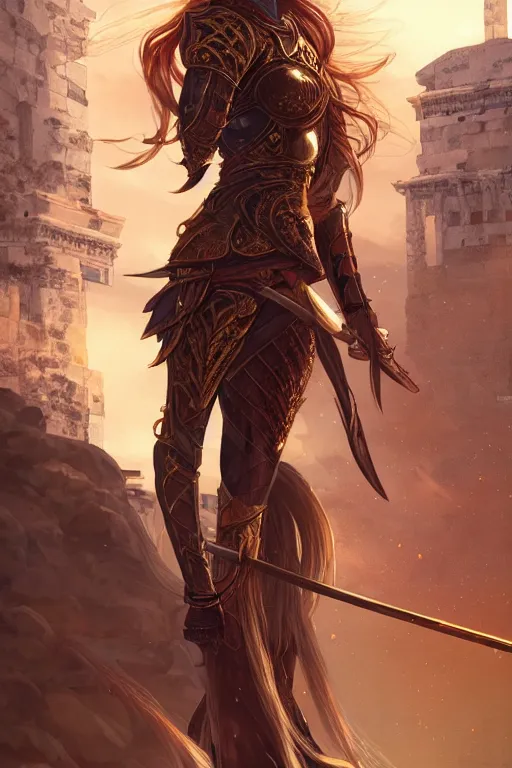 Prompt: portrait knights of zodiac girl, golden and copper shining armor, bushido katana, in ruined agora of athens sunrise, ssci - fi and fantasy, intricate and very very beautiful and elegant, highly detailed, digital painting, artstation, concept art, smooth and sharp focus, illustration, art by tian zi and wlop and alphonse mucha