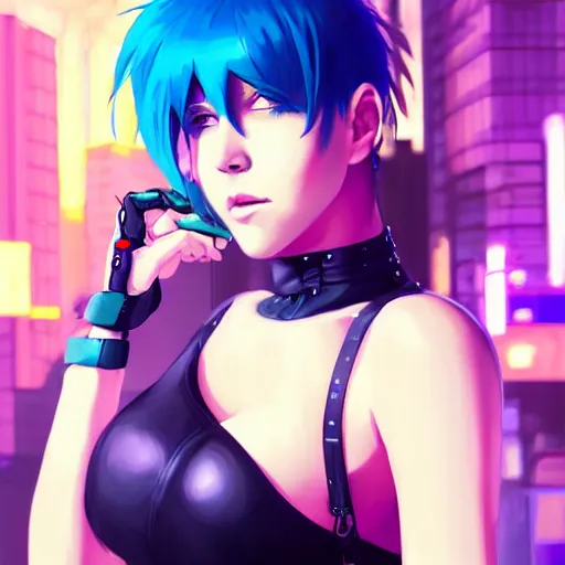 Prompt: hyper realistic photograph portrait of cyberpunk hot pretty girl with blue hair, wearing a full leather outfit, cyber implants, in city street at night, by makoto shinkai, ilya kuvshinov, lois van baarle, rossdraws, basquiat