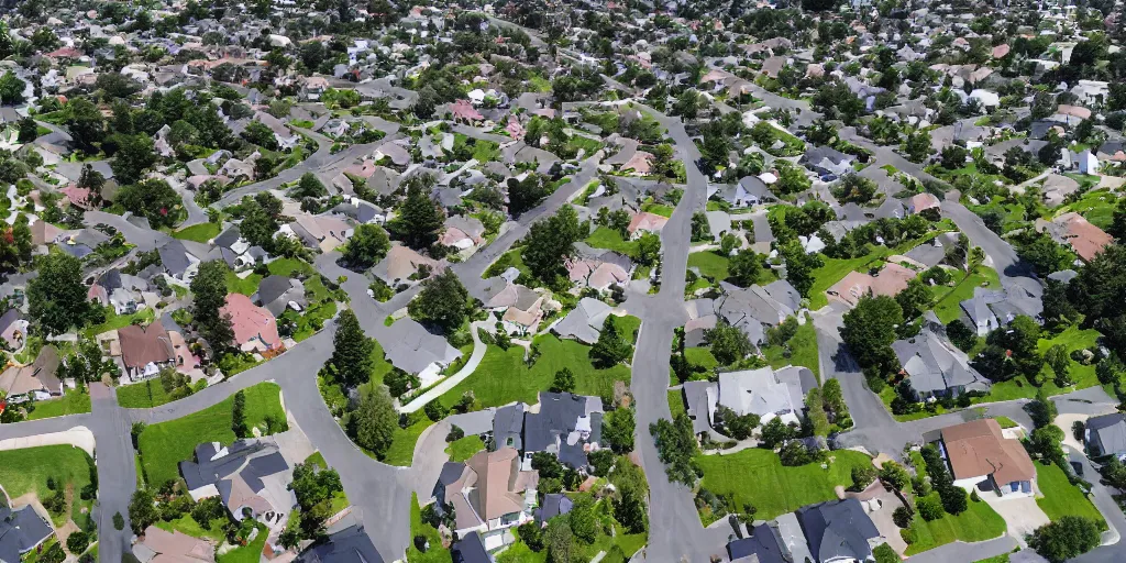 Image similar to an aerial view of a suburban neighborhood surrounded by a moat