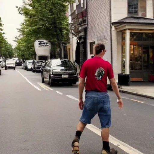 Prompt: average american joe walking around in a street, calm style