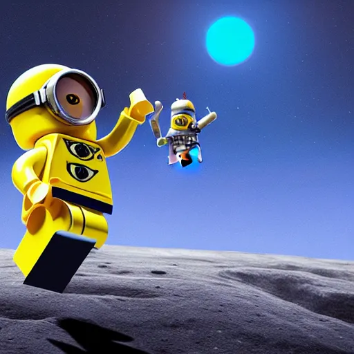 Image similar to lego minion astronaut on the moon by goro fujita and beeple, realism, sharp details, cinematic, highly detailed, digital, 3 d, yellow colors