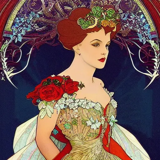 Image similar to alexander Lukashenko in beautiful dress. mucha style. epic composition. highly detailed.