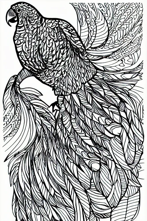 Image similar to parrot, fractal, ink drawing, line art colouring page