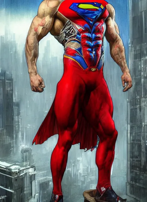 Image similar to portrait of crossfit bodybuilder sprinter superman!, futuristic detailed ornate cyberpunk costume!, red and black costume!!!, pale skin!, no logo!!!, painted art by tsuyoshi nagano, greg rutkowski, artgerm, alphonse mucha, spike painting