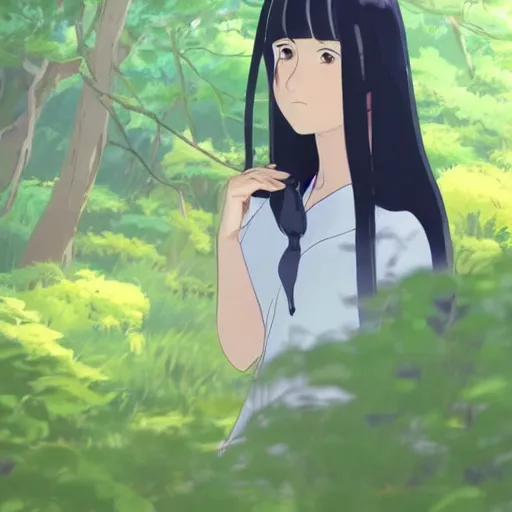 Image similar to Character portrait of a young beautiful woman with long black hair and bangs in a lush park, focus on facial features, large eyes, highly detailed, cel shading, Studio Ghibli still, by Makoto Shinkai and Akihiko Yoshida