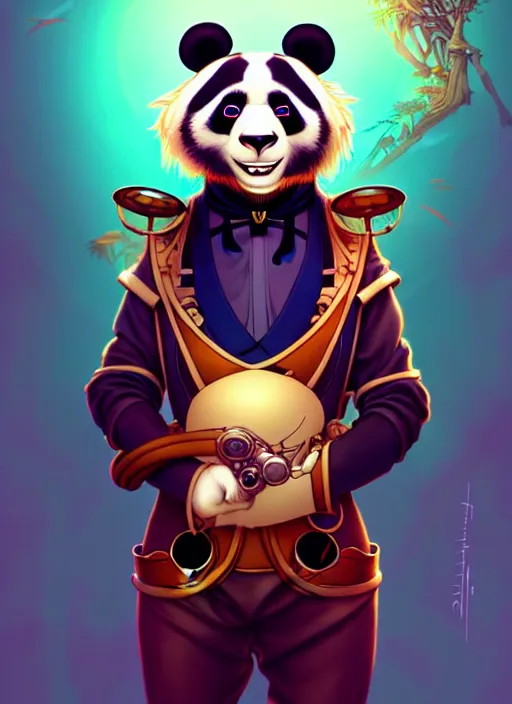 Image similar to don bluth, loish, artgerm, joshua middleton, steampunk, clockpunk anthropomorphic panda, full sailor suit, symmetrical eyes symmetrical face, colorful animation forest background