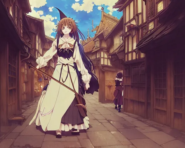 Image similar to kyoani, key anime visual portrait of a young female witch walking through a busy medieval village, dynamic pose, dynamic perspective, cinematic, dramatic lighting, muted colors, detailed silhouette, textured, anime proportions, alphonse mucha, perfect anime, yoh yoshinari, takashi murakami