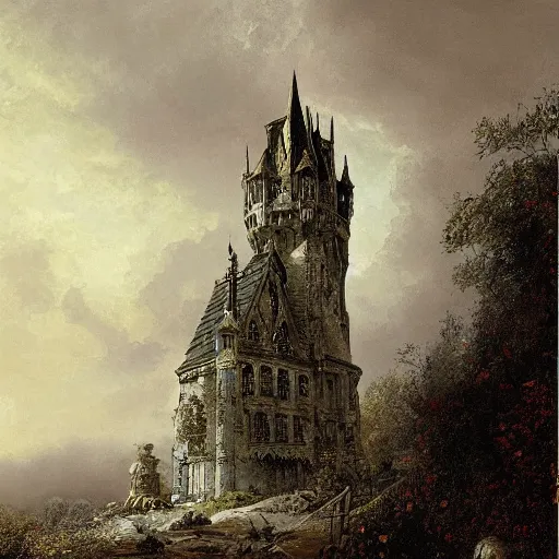 Image similar to Jean-Baptiste Monge and Alex Ross a artwork of a gothic revival castle gatehouse