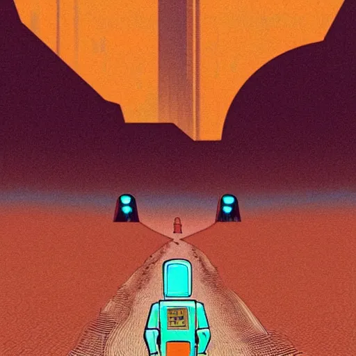 Image similar to “ a picture of a chrome robot walking through outer world desert, a retro sci - fi art by moebius, a path made of a circuit board, orange desert, bright clean blue sky, retro sci - fi adventures ”