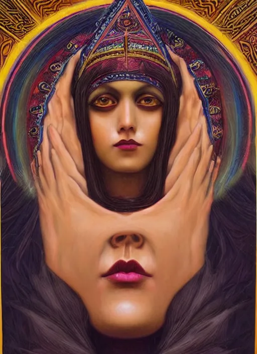 Image similar to acid tripping cult magic psychic woman, third eye, occult ritual, dark witch headdress, oil painting, robe, symmetrical face, greek dark myth, by John William Godward and Anna Dittman, masterpiece