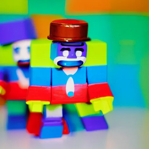 Image similar to 35mm photo of happy roblox figures, bright and fun colors