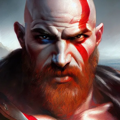 Image similar to kratos closeup portrait, dramatic light, lake background, 2 0 0 mm focal length, painted by stanley lau, painted by greg rutkowski, painted by stanley artgerm, digital art, trending on artstation