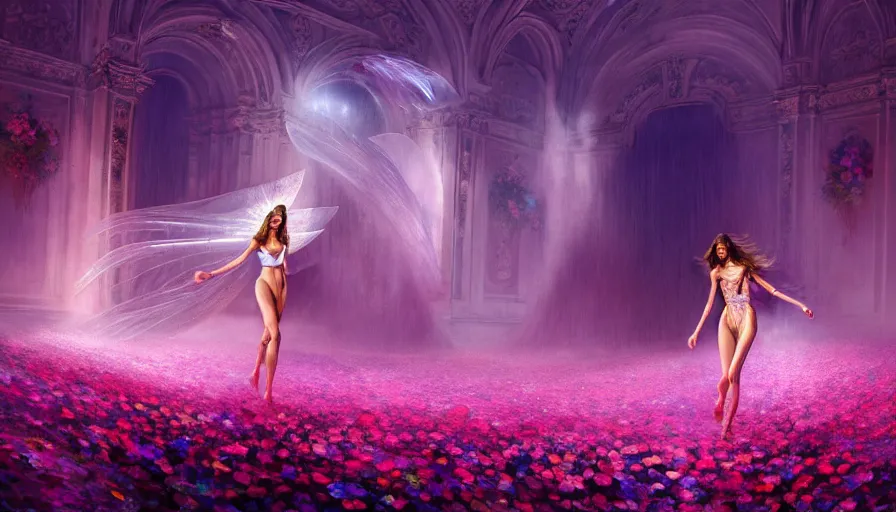 Image similar to victoria secret runway show, light, shadows, reflections, flowers, epic composition, intricate, elegant, volumetric lighting, digital painting, highly detailed, artstation, sharp focus, illustration, concept art, ruan jia, steve mccurry, artgerm, greg rutkowski, mina petrovic, timothy kong, marina federovna, masterpiece, iconic