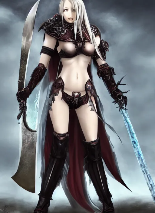Prompt: full - body portrait, female vampire knight holding a large greatsword, lean and muscular, flying, roman gladiator sandals, heavy plate armor, historical armor, metal mask, enchanting, elegant, seductive smile, ghostblade, wlop, modern fantasy, realistic proportions.
