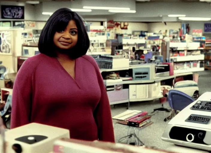 Prompt: cinematic shot of octavia spencer in an small used electronics store next to an old electronic keyboard, iconic scene from the paranoid thriller sci fi film directed by stanley kubrick, anamorphic cinematography, beautiful composition, color theory, leading lines, photorealistic, volumetric lighting