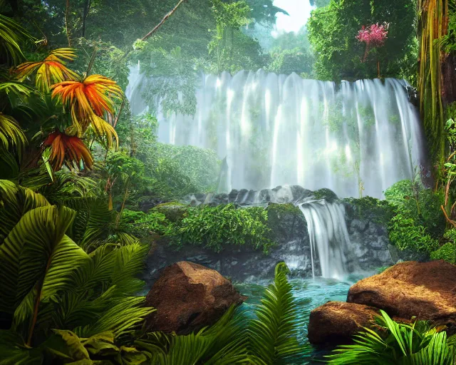 Image similar to beautiful jungle environment, waterfall, high trees, flowers, sunset, mystic, unreal engine 5, global illumination, mountains in the background, raytracing, 8 k, hyper realistic, trending on artstation