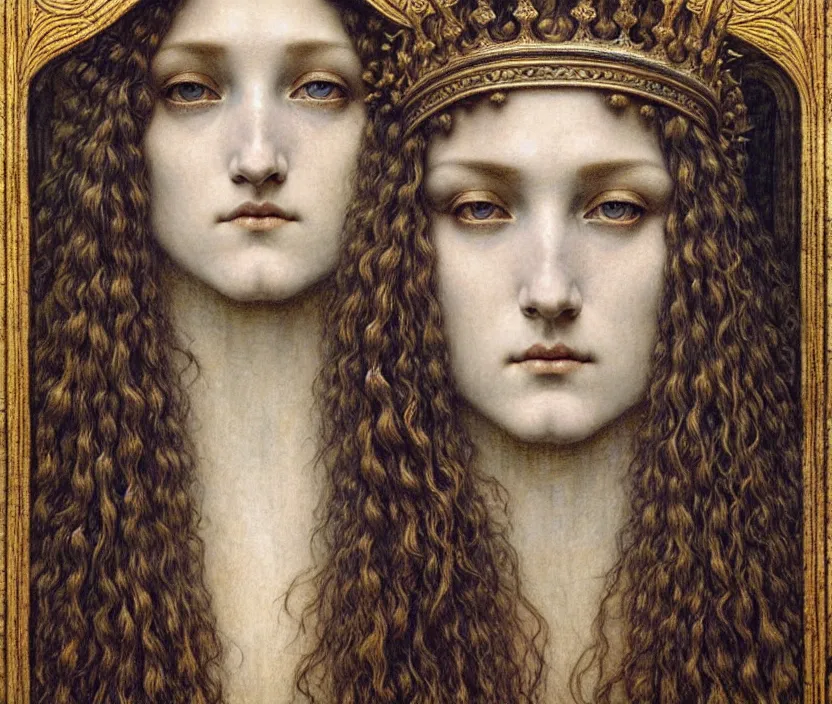 Image similar to detailed realistic beautiful young medieval queen face portrait by jean delville, gustave dore and marco mazzoni, art nouveau, symbolist, visionary, gothic, pre - raphaelite. horizontal symmetry