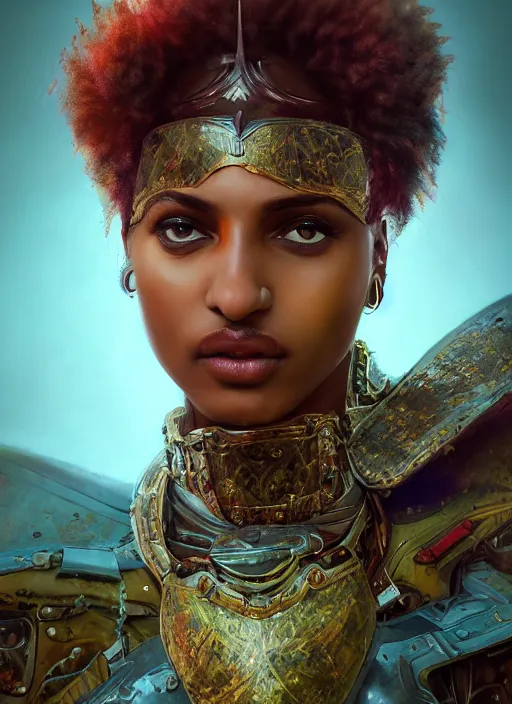 Image similar to portrait of m. i. a. - raw as a legendary knight warrior, au naturel, hyper detailed, digital art, trending in artstation, cinematic lighting, studio quality, smooth render, unreal engine 5 rendered, octane rendered, art style by klimt and nixeu and ian sprigger and wlop and krenz cushart.