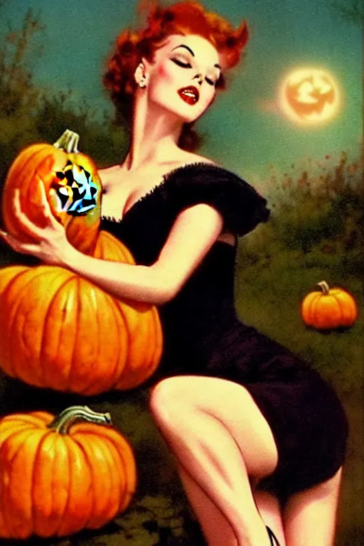 Prompt: a beautiful vampire picking a pumpkin by gil elvgren, halloween, cute spooky aesthetic, vintage glamour, highly detailed oil painting, vintage postcard, 1 9 5 0 s art print