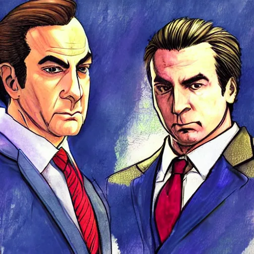 Prompt: phoenix wright and saul goodman, courtroom sketch