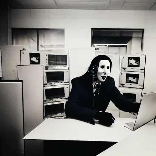 Image similar to Marilyn Manson, working in a call center, polaroid photograph, 4k