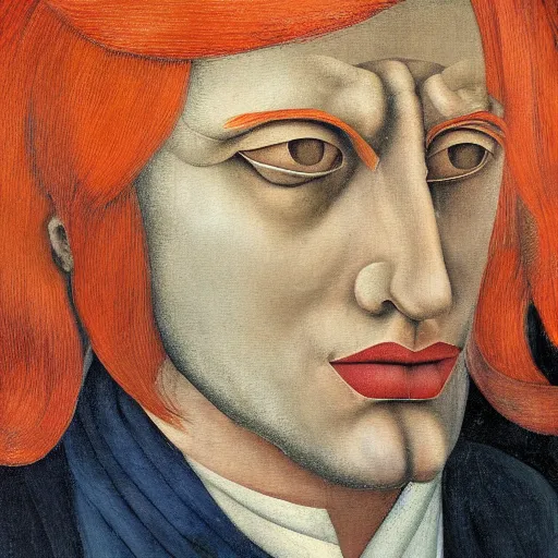 Image similar to a painting of a man with orange hair, a surrealist painting by andrea mantegna, featured on behance, renaissance, da vinci, pre - raphaelite, surrealist