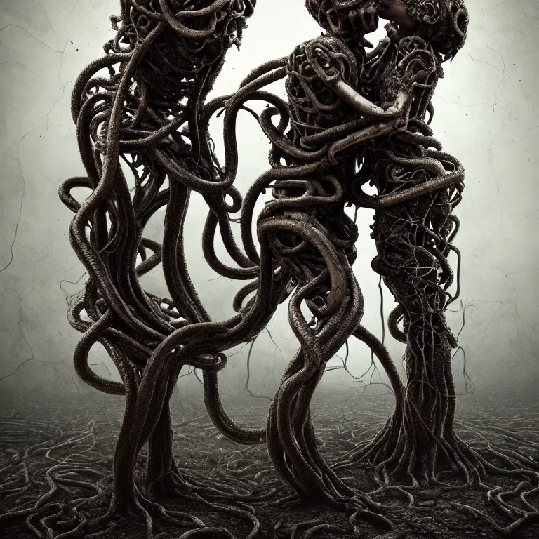 Image similar to portrait of abandoned ribbed sculpture of two kissing cyborgs, covered with tentacles, roots, wires, tubes, ash, mold, baroque painting, standing in a desolate empty wasteland, creepy, nightmare, dream-like heavy atmosphere, dark fog, surreal abandoned buildings, baroque painting, beautiful detailed intricate insanely detailed octane render trending on Artstation, 8K artistic photography, photorealistic, volumetric cinematic light, chiaroscuro, zoomed out, Raphael, Caravaggio, Beksinski, Giger