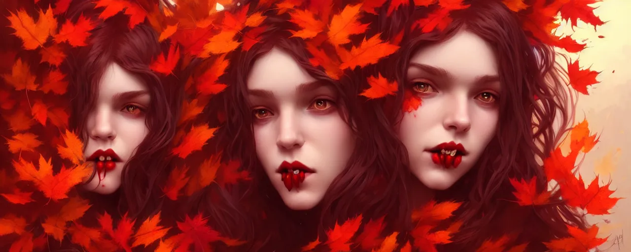 Prompt: girl with with hair becoming autumn red leaves trees, vampires with open mouth & bloody fangs, intricate, dreamy, digital painting, artstation, concept arti, unreal engine 5, 8 k, art by artgerm and greg rutkowski and alphonse mucha