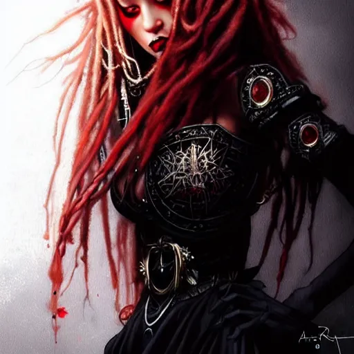 Image similar to photography flawless beautiful psychopathic female with blonde and red dreadlocks in a black ballgown, dark, piercing eyes, exotic expression, esoteric clothing, photorealistic, highly detailed, mysterious lighting, artstation, smooth, sharp focus, art by artgerm, greg rutkowski and luis royo