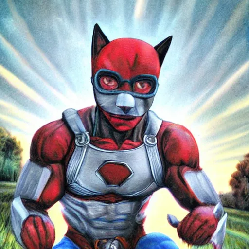 Image similar to catman on a highway, cat head, superhero body, rob liefeld, photorealism,