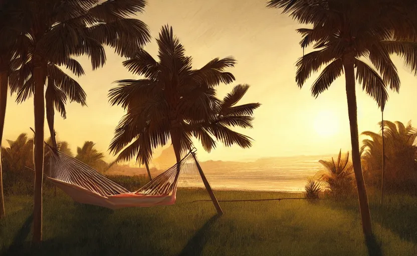 Prompt: painting of a hammock at sunset with tropical palm trees, natural light, concept art, by greg rutkowski, cozy atmospheric and cinematic lighting