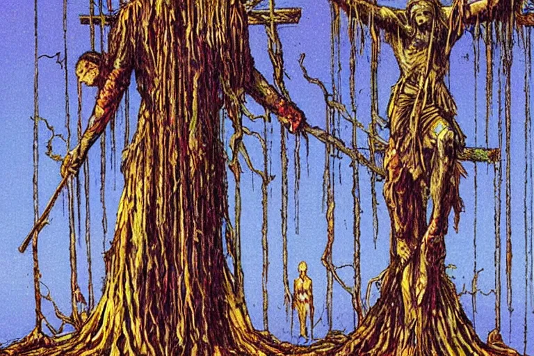 Image similar to scene from louisiana swamps, secret voodoo cult, crucifixion on a tree, artwork by jean giraud
