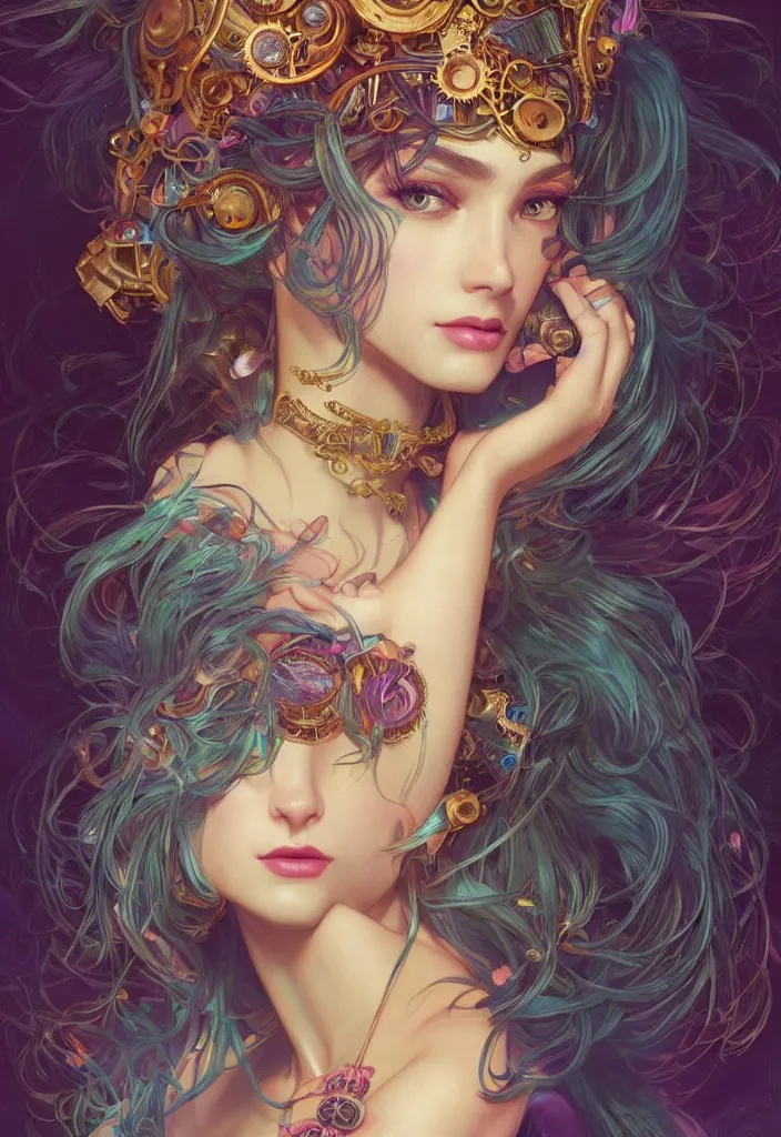 Image similar to beautiful, young woman, detailed gorgeous face, magical, steampunk, vaporwave aesthetic, synthwave, colorful, psychedelic, artstation, concept art, smooth, extremely sharp detail, finely tuned detail, ultra high definition, 8 k, unreal engine 5, ultra sharp focus, illustration, art by artgerm, greg rutkowski and alphonse mucha