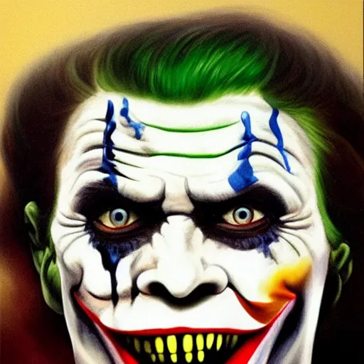 Image similar to Painting of Willem Dafoe as the Joker, by Salvador Dali