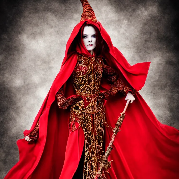 Image similar to full length photo of a very beautiful!! elemental fire witch with ornate red robes, highly detailed, 4 k, hdr, smooth, sharp focus, high resolution, award - winning photo