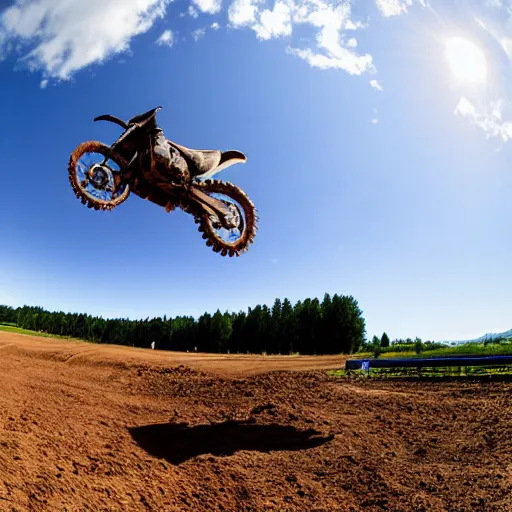 Image similar to a cow doing a motocross jump, fisheye lens