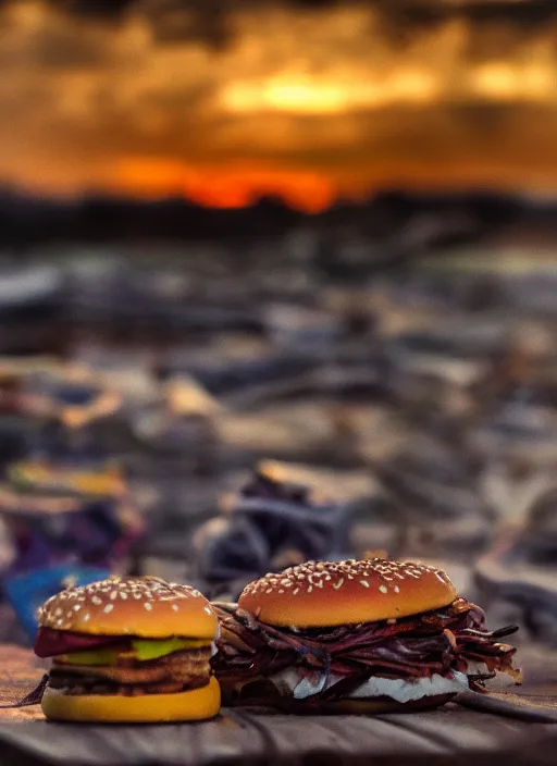 Image similar to a cinematic photograph of junkfood, at sunset, ultra detailed, realistic, beautiful lightning, golden hour time, 8 k, high depth field