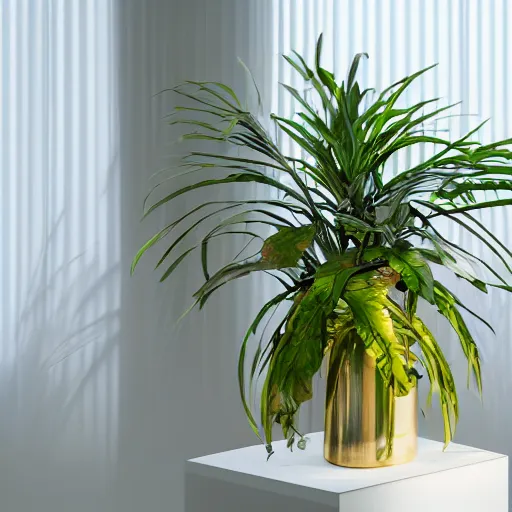 Image similar to an ultra high definition professional studio quality photograph of a transparent iridescent perspex pastel coloured jungle plant on a plinth in an empty white room. dramatic lighting, ray tracing, refraction, shallow d. o. f, colour corrected, golden ratio, three point light. volumetric shadows. god rays.