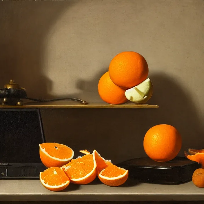 Prompt: still life painting of an old crt monitor by pieter claesz, oil on canvas, strong lighting, highly detailed, peeled oranges, sliced grapefruit, hyper realism, golden hour, god rays, hd, 4 k