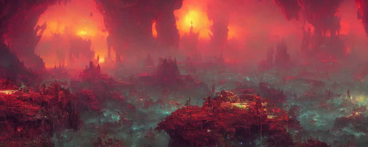 Image similar to ” otherwordly hostile landscape, [ cinematic, detailed, epic, widescreen, opening, establishing, mattepainting, photorealistic, realistic materials, octane render, art by paul lehr ] ”