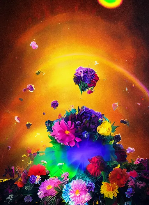 Prompt: An epic fantastic realism comic book style painting of the most beautiful spinning flowers floating into the dark cosmos, exquisite bouquets, fisheye, a star explodes into rainbows, unreal 5, DAZ, hyperrealistic, octane render, dynamic lighting