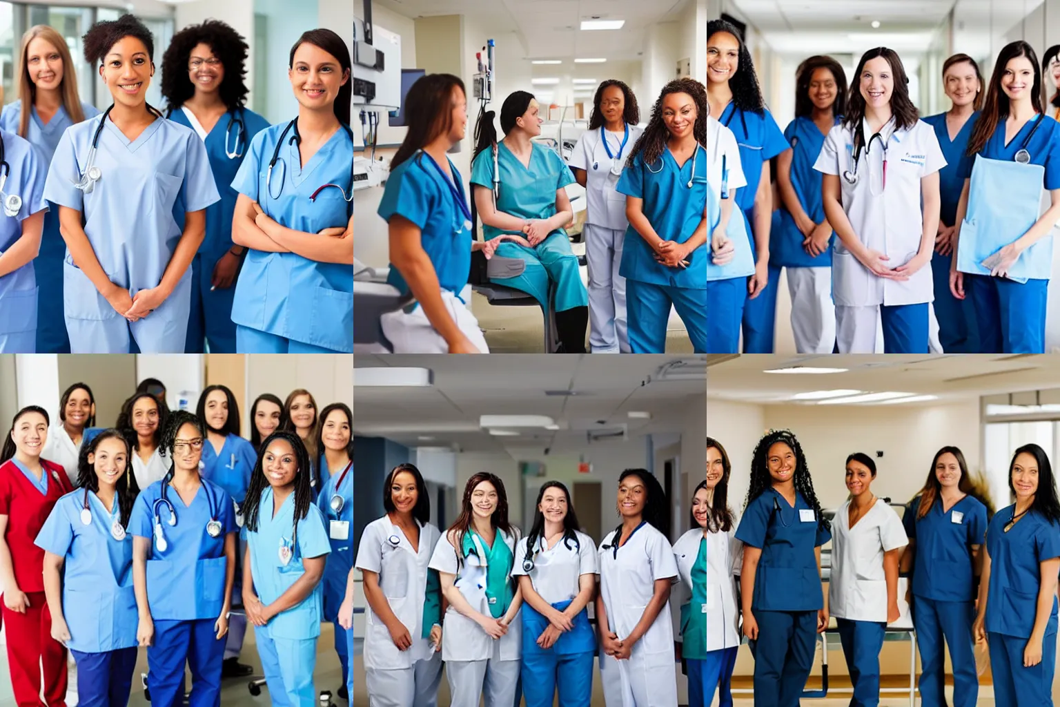 Prompt: photo of a group of female nurses, working in a hospital 2020