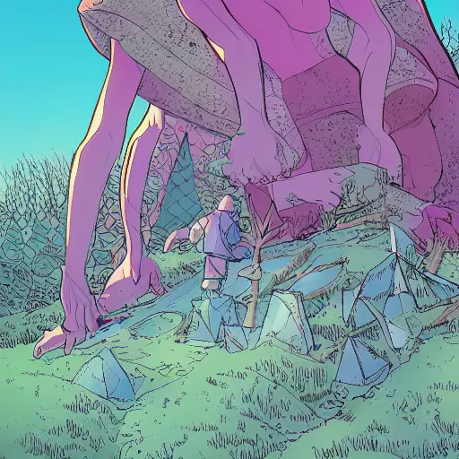 Image similar to polygon, ligne claire art of a sparse village intertwined with nature, by Moebius, bright colors, Eisner award-winning spread