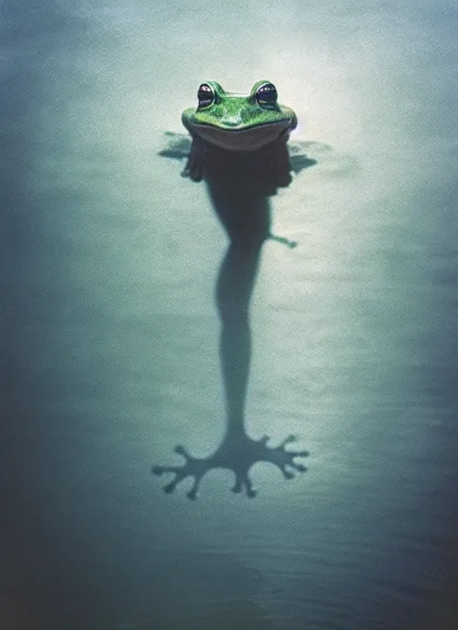 Image similar to “semitranslucent smiling frog vertically hovering over misty lake waters in jesus christ pose, low angle, long cinematic shot by Andrei Tarkovsky, paranormal, eerie, mystical”