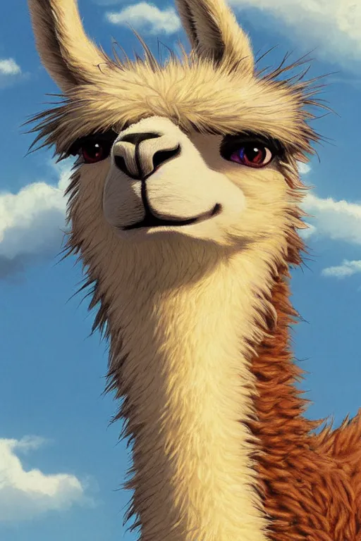 Image similar to Highly detailed wild fluffy llama portrait, studio Ghibli, Makoto Shinkai,