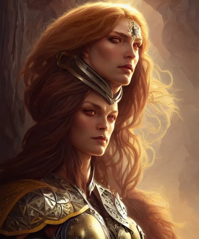 Image similar to Muscular and powerful medieval knight woman portrait, sci-fi, amber eyes, face, long hair, fantasy, intricate, elegant, highly detailed, digital painting, artstation, concept art, smooth, sharp focus, illustration, art by artgerm and greg rutkowski and alphonse mucha